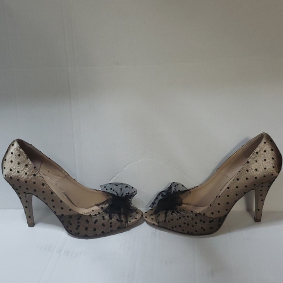Heart In D Peep Toe Black Tan Pokadot Heels - Picture 9 of 16
